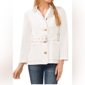 NWOT CeCe belted white denim jacket. Size L.